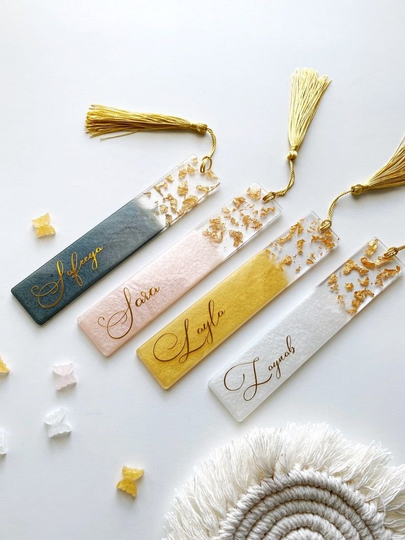 personalized resin bookmark with gold flakes
