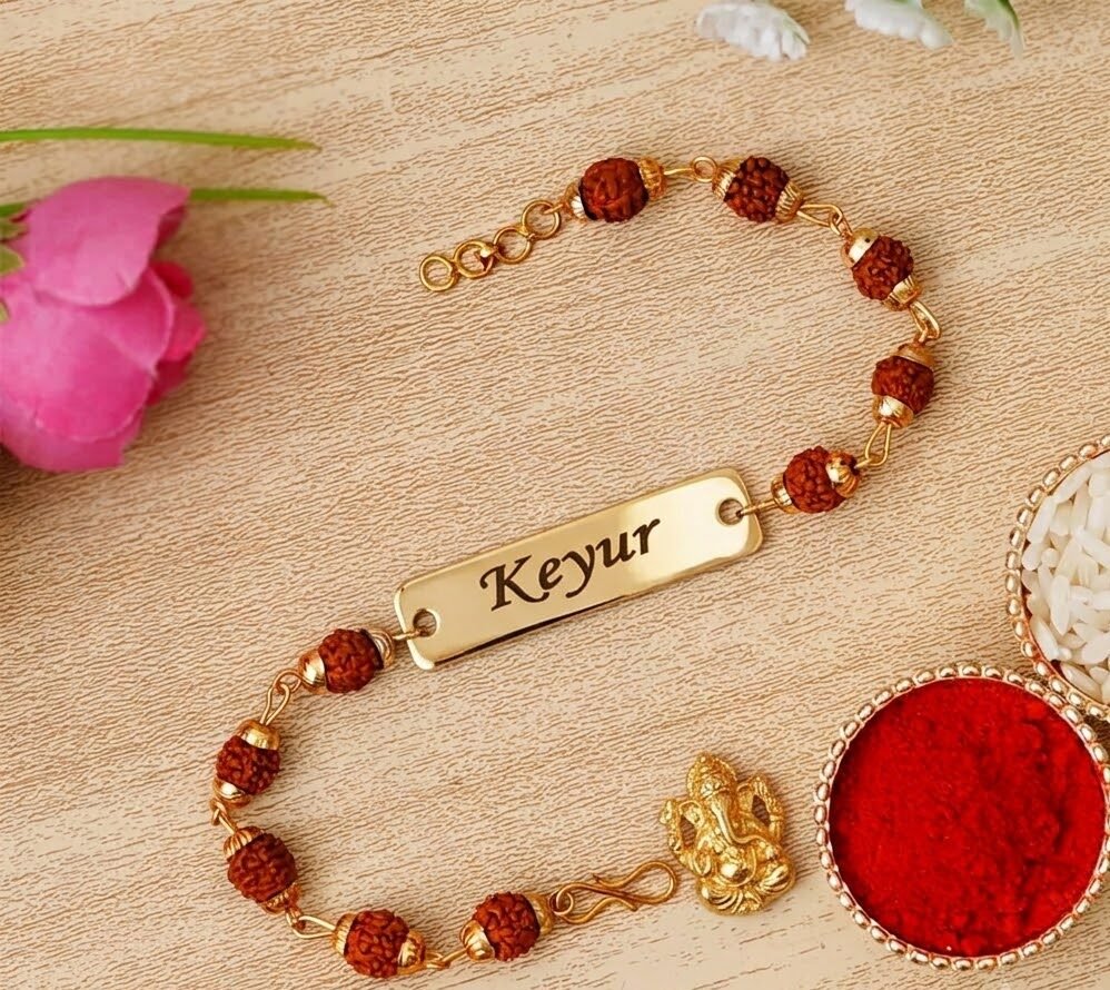 custom name engraved metal rudraksha rakhi bracelet
