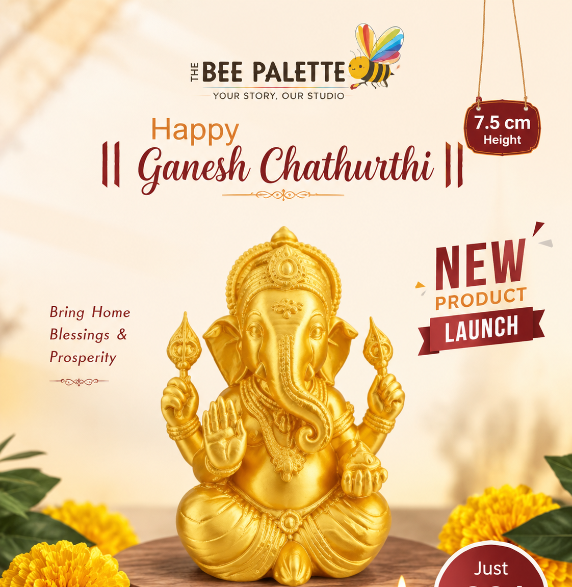 3D Printed Golden Ganesha Idol | 7.5 cm