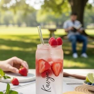 Frosted Glass Can Tumbler with Bamboo Lid & Straw
