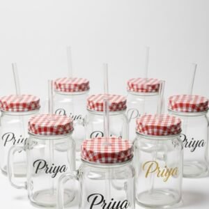 Personalized Mason Jar Mug with Handle  – Custom Name Vinyl Decal & Checkered Lid
