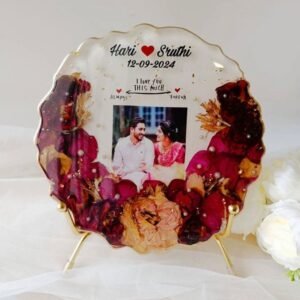 customizable resin photo frame with name & date | personalized handmade resin art gift for couples | dried flower memory keepsake for any occasion.