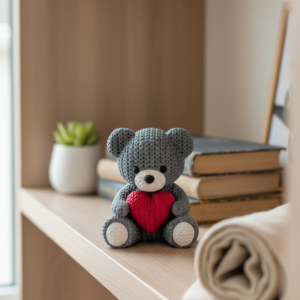 cute teddy holding heart symbol